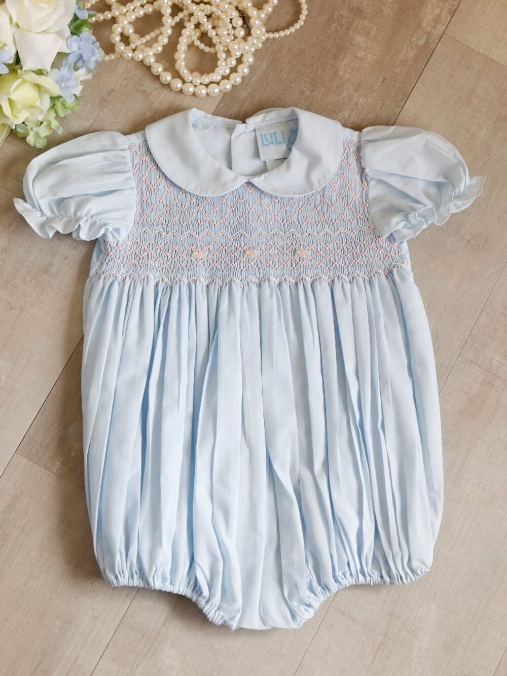 Blue Smocked Bubble Pink Embroidery Luli & Me Boutique Milestone Portrait NWT